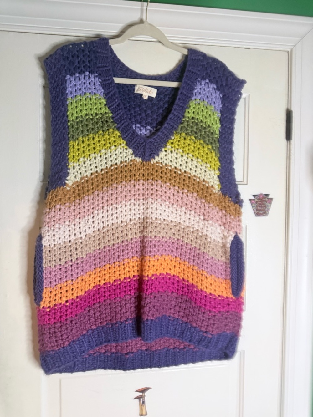 Listicle Multicolor Striped Crochet V-Neck Sweater Vest - Purple Trim